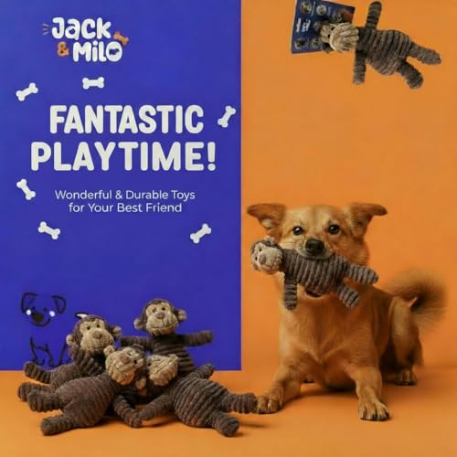 Jack & Milo Plush Dog Toy – Soft Corduroy Squeaky Chew Toy for Dogs, Monkey Design