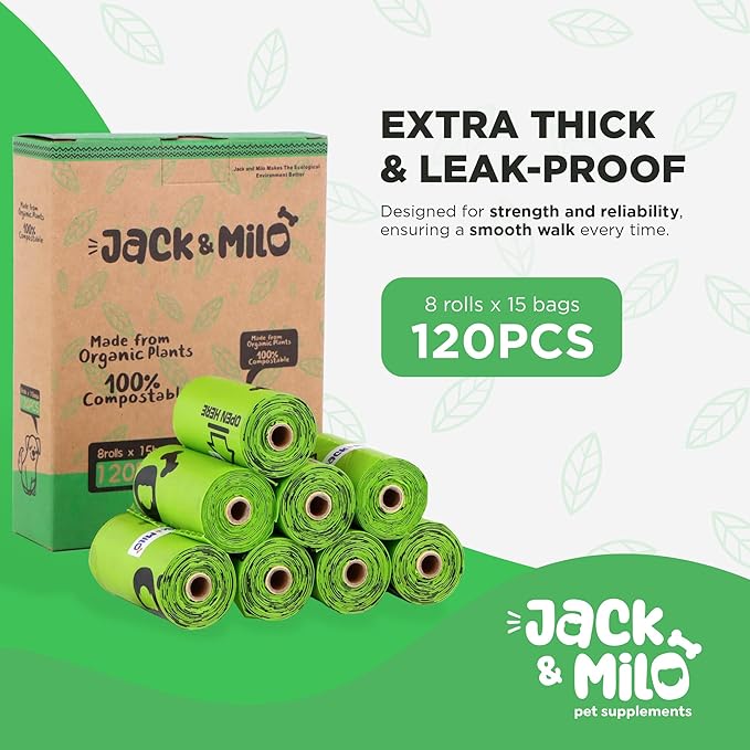 Dog Waste Bags Environmentally Friendly - Reusable Bag Container - Leak Proof Dog Poop Bag - Extra Thick and Sturdy - 8 Bags x 15 Rolls