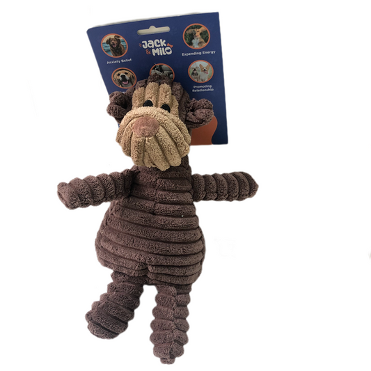 Jack & Milo Plush Dog Toy – Soft Corduroy Squeaky Chew Toy for Dogs, Monkey Design